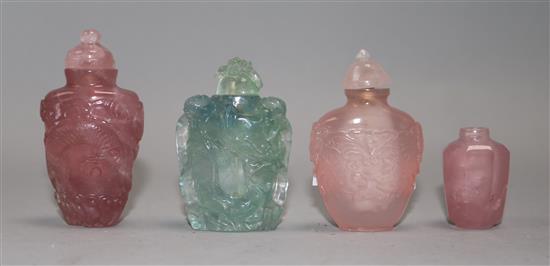 Three Chinese rose quartz snuff bottles and a green quartz snuff bottle, (4)